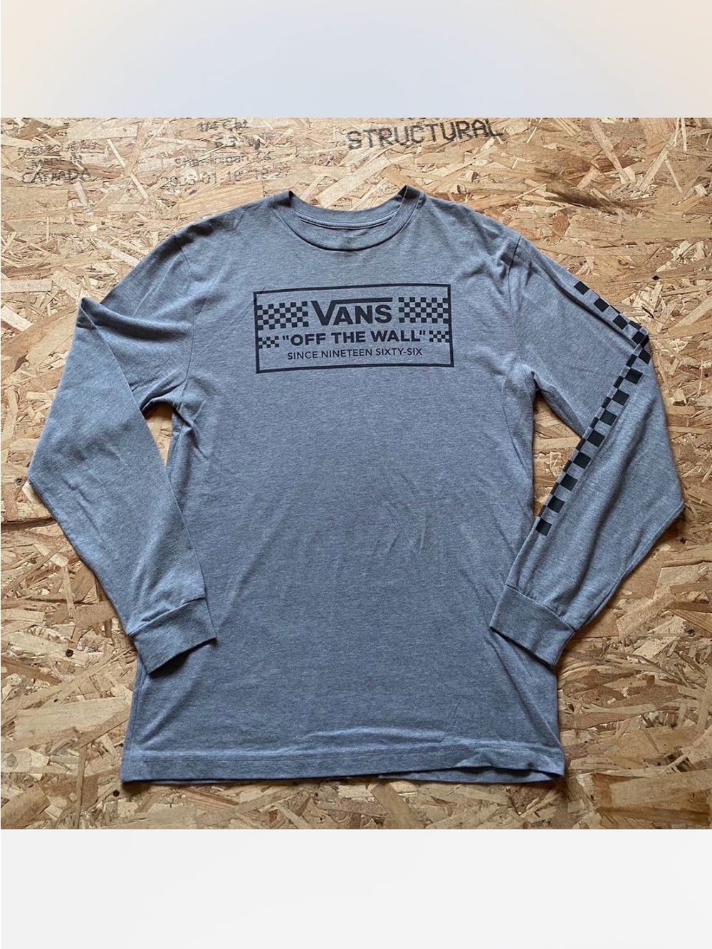Vans Gray Long Sleeve 'Off The Wall' Tee with Checkerboard Sleeve